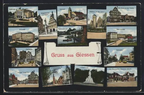 AK Giessen, Stadttheater, Bahnhof, Universität, Markt, Neue Kaserne, Seltersweg