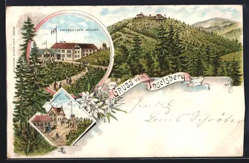 Lithographie Inselsberg, Preussischer Gasthof, Gothaisches Hotel, Aussichtsturm