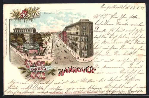 Lithographie Hannover, Georgstrasse, Strassenszene