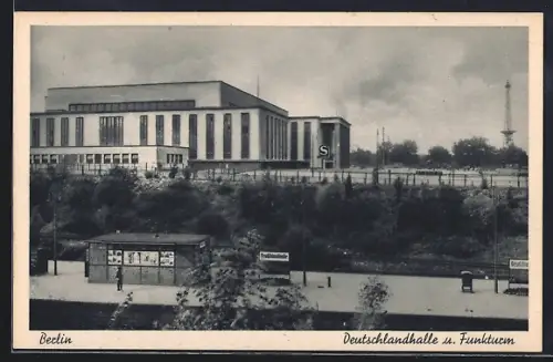 AK Berlin-Charlottenburg, Deutschlandhalle, Funkturm, Bahnhof