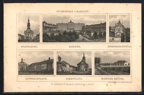 Lithographie Rastatt, Stadtkirche, Schloss, Einsiedler-Kapelle, Rathausplatz, Marktplatz, Badener Brücke