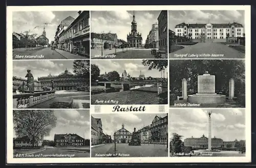 AK Rastatt, Schloss, Markgraf-Ludwig-Wilhelm-Kaserne, Kaiserstrasse, Artillerie-Denkmal, B. D. M.-Schule