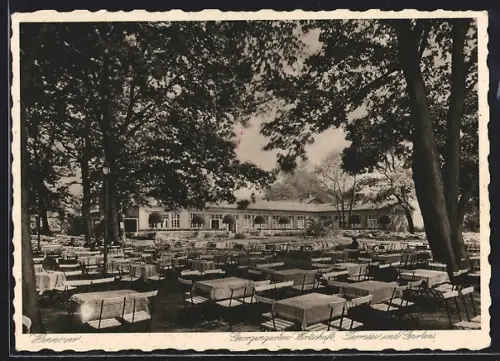 AK Hannover, Georgengarten-Gasthaus, Terrasse und Garten