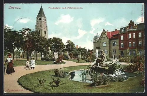 AK Dessau, Funkplatz, Petruskirche, Brunnen