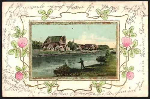 Präge-AK Verden a. d. Aller, Teilansicht, Passepartout mit Kleeblättern