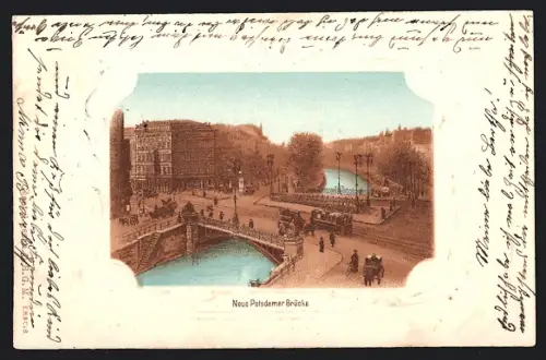 Lithographie Berlin-Tiergarten, Neue Potsdamer Brücke, Strassenbahn