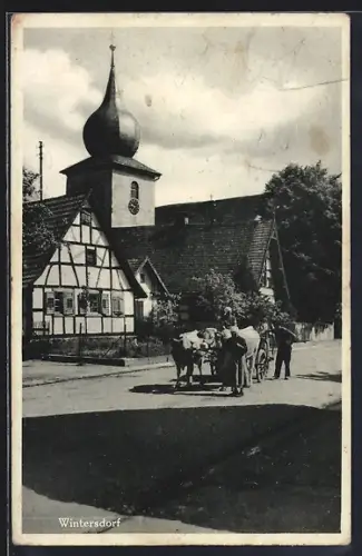 AK Wintersdorf / Rastatt, Kirche, Fachwerkhaus
