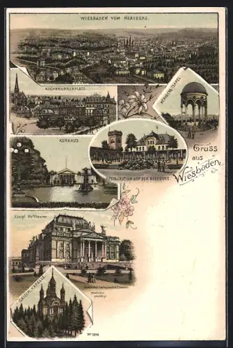 Lithographie Wiesbaden, Kochbrunnenplatz, Restaurant auf dem Neroberg