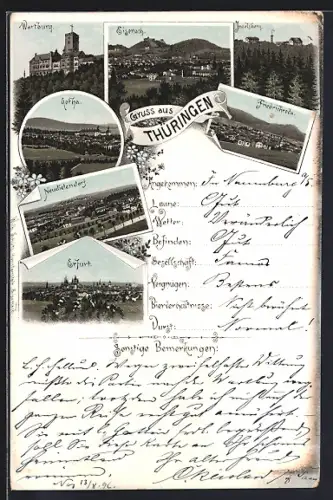 Lithographie Neudietendorf /Thüringen, Wartburg, Eisenach, Erfurt, Friedrichroda