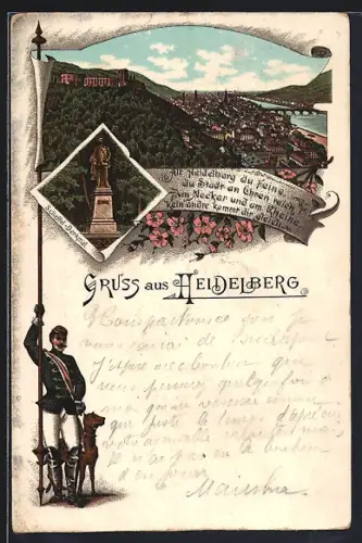 Lithographie Heidelberg, Schloss, Scheffel-Denkmal, Stadtpanorama