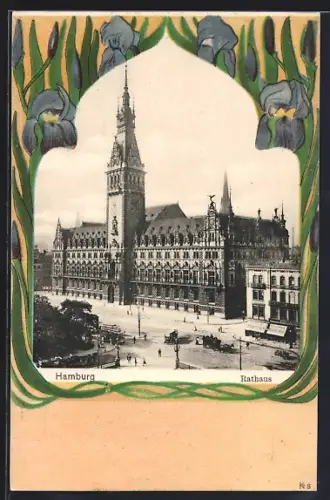 AK Hamburg, Rathaus, Schwertlilien-Passepartout