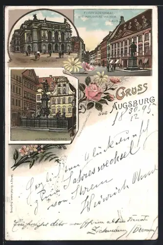 Lithographie Augsburg, Theater, Fuggerdenkmal mit Philippine Weiser Haus, Augustusbrunnen