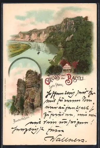 Lithographie Bastei /Sächsische Schweiz, Basteifelsen, Elbtal, Gasthaus