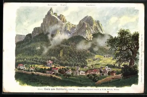 Künstler-AK F.A.C.M. Reisch: Seis am Schlern, Teilansicht mit Santnerspitze, Burgstall und Jung-Schlern