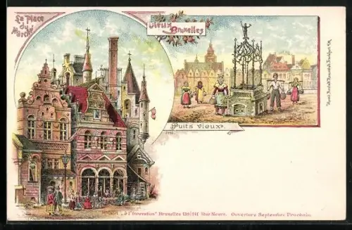 Lithographie Brüssel / Bruxelles, la Place du Marché, Puits vieux