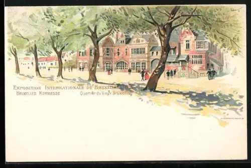 Lithographie Bruxelles, Exposition Internationale 1897, Bruxelles Kermesse, Quartier du Vieux Bruxelles