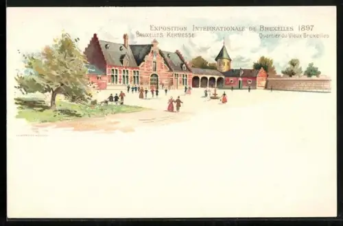 Lithographie Bruxelles, Exposition Internationale 1897, Kermesse, Quartier du Vieux Bruxelles