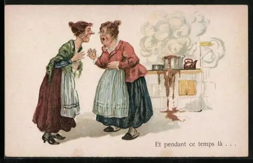 AK In der Küche verbrennt das Essen, während sich die Frauen unterhalten