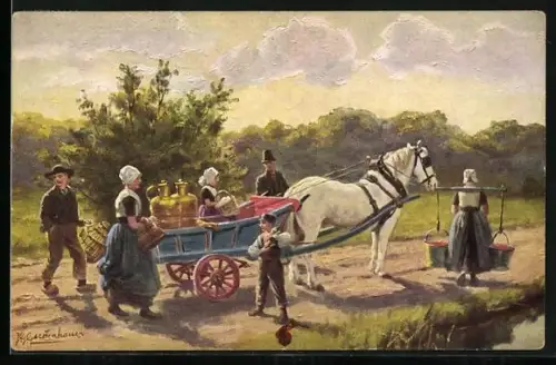 Künstler-AK Johan Georg Gerstenhauer: Bauernfamilie mit beladener Kutsche und Schimmel