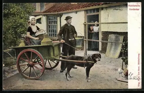 AK Hundegespann mit Milchverkäuferin und Begleiter