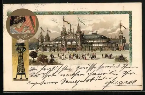 Lithographie Österreich, die festlich geschmückte Sängerfest-Halle, Harfenspielerin und eine ewige Flamme