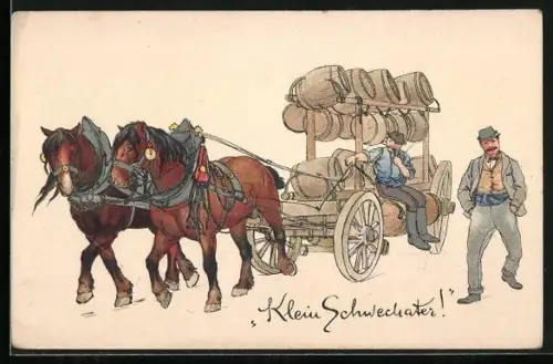 Künstler-AK Schwechat, Klein Schwechater!, Pferdewagen mit Fässern