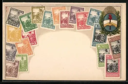 AK argentinische Briefmarken, Kranz mit Handschlagsbild darin, rote Zipfelmütze