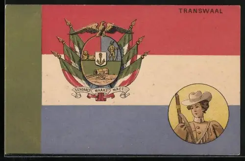 AK Transwaal, Eendract maakt mact, Soldatin in Uniform mit Gewehr, Wappen mit Flaggen