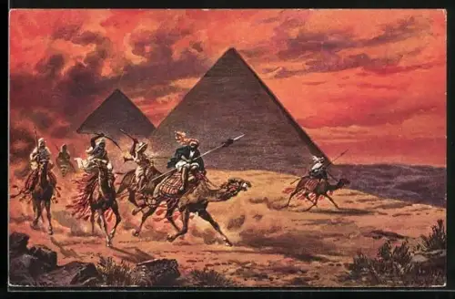 Künstler-AK Friedrich Perlberg: Wilde Reiter vor Pyramiden