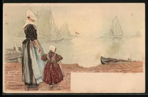 Künstler-AK H. Cassiers: Volendam, Frau in Tracht mit ihrer Tochter im Hafen, Schiffe