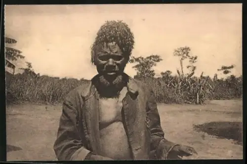 AK Zaire, Vieux Mukongo, en deuil Oud dorpshoofd, in den rouw, Afrikaner mit Bart