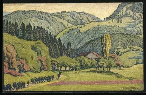 Künstler-AK Ernst E.Schlatter: Fontenais, Vallée du Jura, Schweizer Soldaten