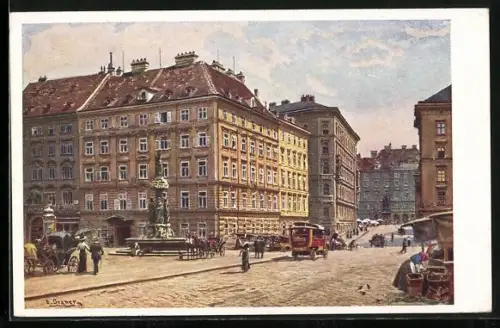 Künstler-AK Wien I, Freyung, Schottenkirche, Brunnen, Händler, Fussgänger