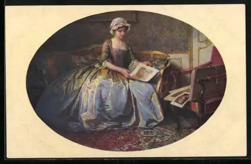 Künstler-AK Meissner & Buch (M&B) Nr. 2528: Frau mit schönem Kleid auf einem Sofa