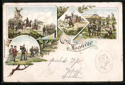 Lithographie Gruss aus dem Manöver, Soldaten verschiedener Waffengattungen