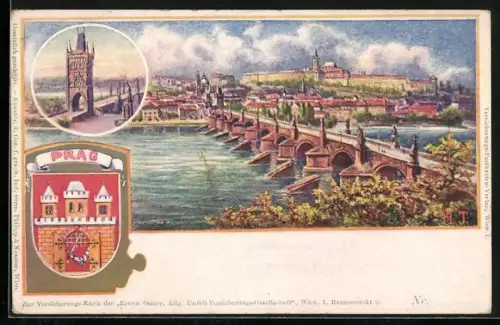 Künstler-AK Prag / Praha, Karlsbrücke, Karluv most, Wappen