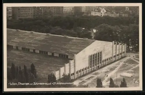 AK Wien, Flugzeugaufnahme des Prater mit Sängerhalle