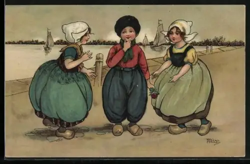 Künstler-AK Florence Hardy: Holländischer Mann mit zwei Frauen, Im Hintergrund Segelboote