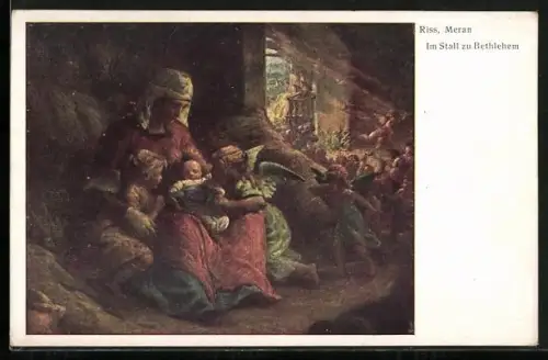 Künstler-AK Thomas Riss: Im Stall zu Bethlehem, Mutter mit ihren Kindern