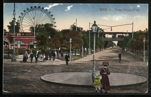AK Wien II, Prater-Haupt-Allee mit Riesenrad, Strassenbahn, Frauen und Männer mit Hüten