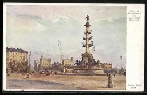 Künstler-AK Erwin Pendl: Wien, II. Praterstern mit Tegetthoff-Denkmal