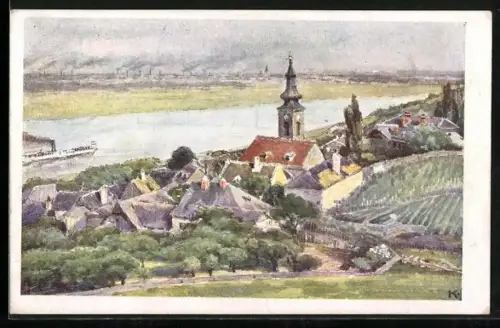 Künstler-AK J, Kalous: Wien, Kahlenbergerdorf mit Donau