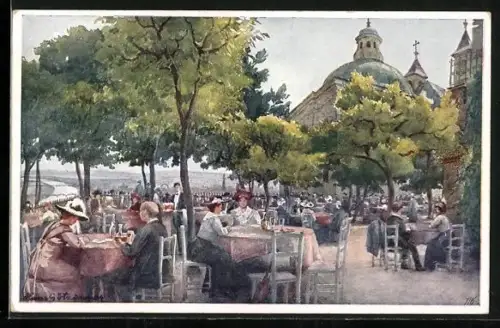 Künstler-AK Hans Götzinger: Wien, Restaurant mit Gartenlokal auf dem Leopoldsberg