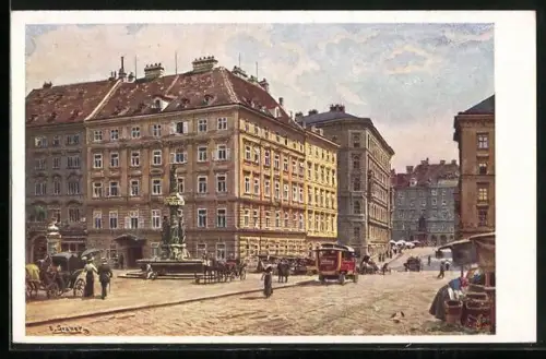 Künstler-AK Ernst Graner: Wien, Freiung mit Brunnen von Schnwanthaler, Pferdekutsche