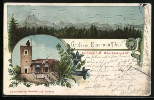 Künstler-AK Baden /N.-Ö., Gasthaus Eisernes Tor, Bergpanorama mit Schneeberg, Rax-Alpe und Göller