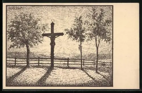 Künstler-AK sign. Erich W. Eiland: Höhenwege, Kruzifix bei aufgehender Sonne