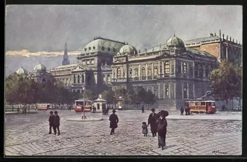 Künstler-AK Rudolf Preuss: Wien, Universität, Strassenbahn