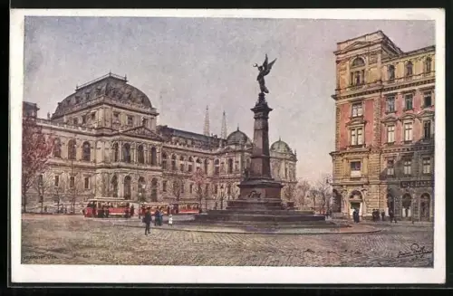 Künstler-AK Erwin Pendl: Wien, Universität und Liebenbergdenkmal, Strassenbahn