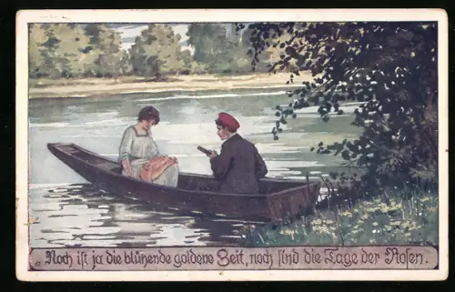 Künstler-AK Ernst Kutzer: Noch ist ja die blühende goldene Zeit, noch sind die Tage der Rosen, Paar im Boot