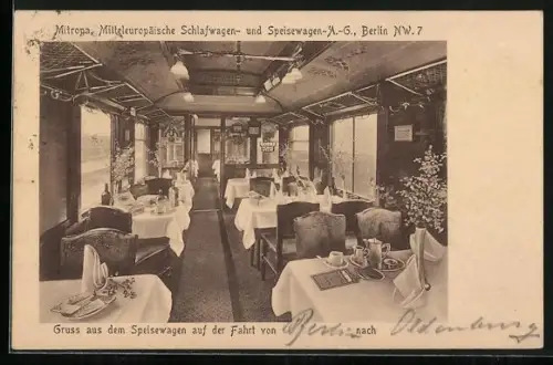 AK Mitropa, Mitteleuropäische Schlafwagen- und Speisewagen AG Berlin, Blick in einen Speisewagen